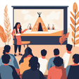 A realistic cartoon-style image depicts a woman standing next to a projection screen, pointing at an illustration of multiple teepees in a desert landscape. She addresses a seated audience of diverse individuals. The scene is framed with stylized orange and tan leaves, creating a warm, inviting atmosphere.