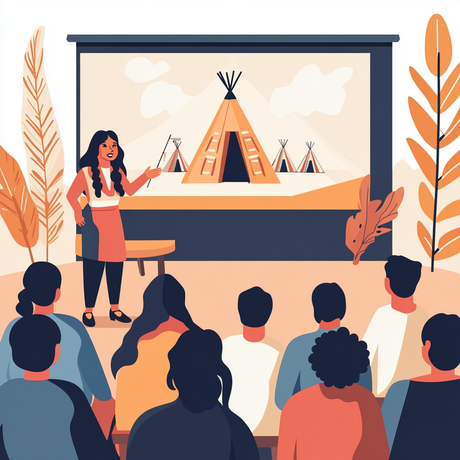 A realistic cartoon-style image depicts a woman standing next to a projection screen, pointing at an illustration of multiple teepees in a desert landscape. She addresses a seated audience of diverse individuals. The scene is framed with stylized orange and tan leaves, creating a warm, inviting atmosphere.