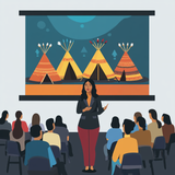 A realistic cartoon-style illustration depicts a woman standing confidently in front of an audience, giving a presentation. Behind her is a large screen displaying four vibrantly decorated teepees with detailed patterns and feathered poles. The audience is seated and attentive, facing the presenter.