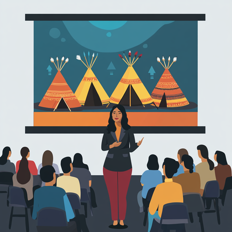 A realistic cartoon-style illustration depicts a woman standing confidently in front of an audience, giving a presentation. Behind her is a large screen displaying four vibrantly decorated teepees with detailed patterns and feathered poles. The audience is seated and attentive, facing the presenter.