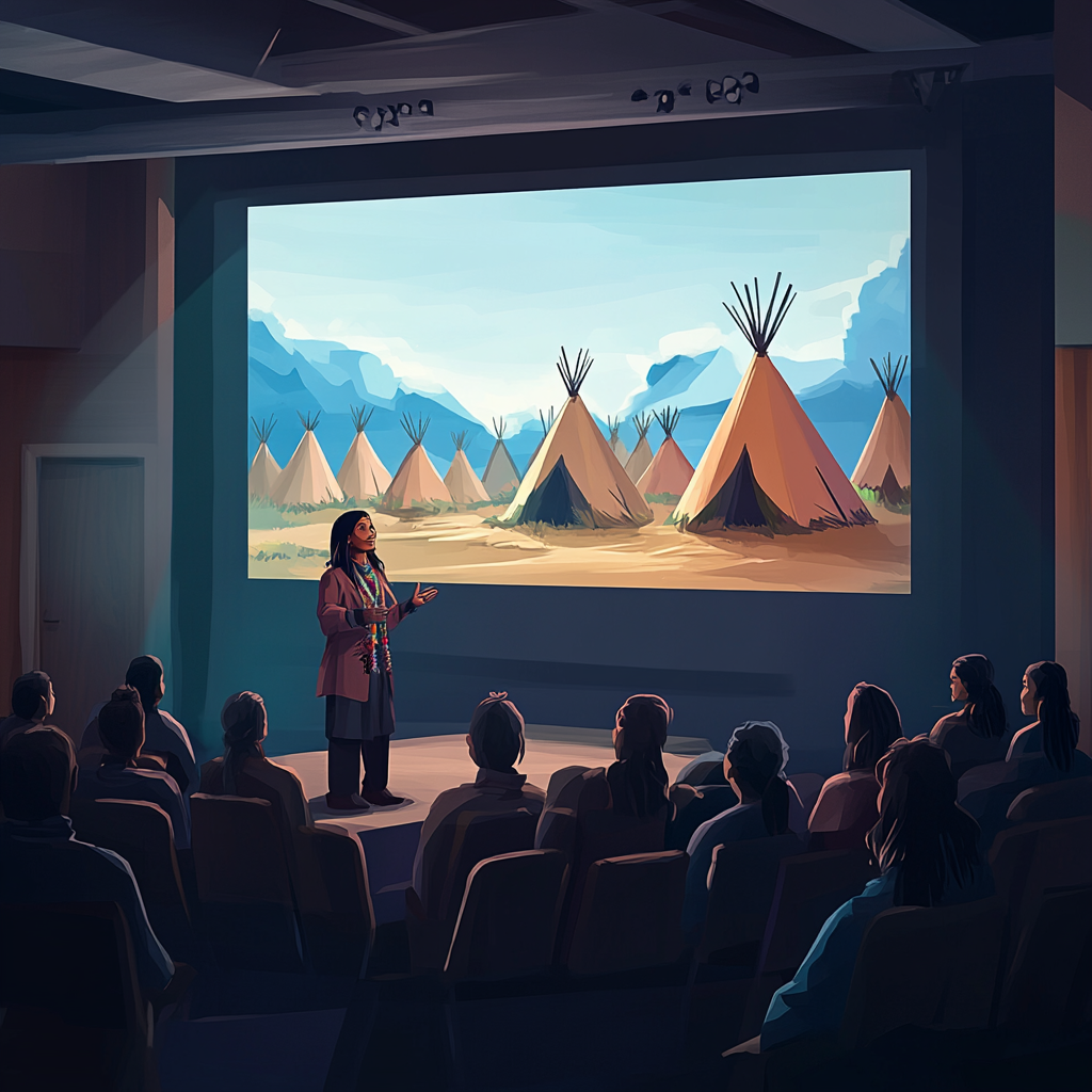 A realistic cartoon-style image shows a woman standing in front of an audience in a dark auditorium, illuminated by a large screen behind her. The screen displays a colorful scene of a teepee village with mountains and blue skies. The audience watches attentively as the woman gestures mid-presentation.