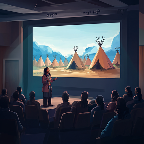 A realistic cartoon-style image shows a woman standing in front of an audience in a dark auditorium, illuminated by a large screen behind her. The screen displays a colorful scene of a teepee village with mountains and blue skies. The audience watches attentively as the woman gestures mid-presentation.