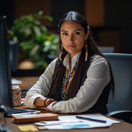 &nbsp;An image of a Native American woman seated at a modern office desk, facing forward with a composed expression. She wears a white shirt, dark vest, and beaded jewelry including earrings and layered necklaces. On the desk are a computer monitor, papers, pen, folders, and a mug, all set against a warmly lit office background.