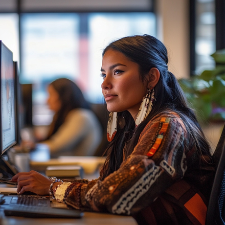 An image of a Native American woman working at a computer in a modern office. She wears a patterned brown top and large feather earrings, with her dark hair styled back. She looks attentively at the monitor, one hand on the mouse. The blurred background shows another woman at a computer and a softly lit workspace.