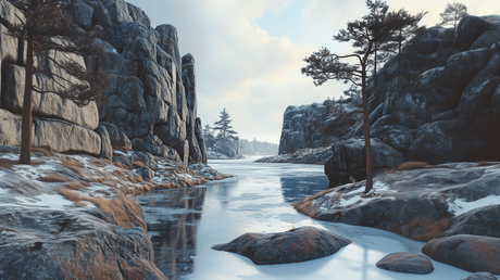 A tranquil winter landscape with a frozen river winding between tall, rugged cliffs. Snow lightly dusts the rocks and ground, while patches of dry grass add texture. Pine trees dot the scene, their sparse branches contrasting against the muted tones of the stone. The pale blue sky, scattered with soft clouds, reflects faintly in the icy surface, enhancing the serene atmosphere. Ai generated. Photography style.