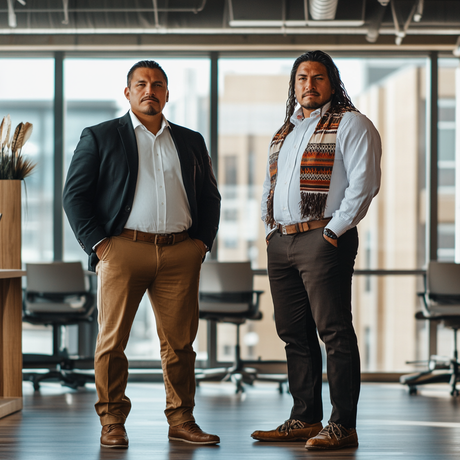 Two Indigenous men stand confidently in a modern office space with large windows and natural lighting. Both wear business attire; one in a black blazer and tan pants, the other in a striped shirt with a woven patterned scarf. The setting includes office chairs and desks, blending a professional atmosphere with cultural identity.