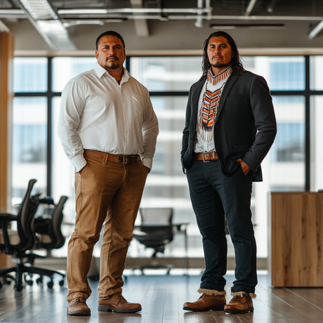 Two Indigenous men stand confidently in a modern office space with floor-to-ceiling windows. One wears a white shirt and tan pants, while the other pairs a dark blazer with a beaded medallion necklace, white shirt, and dark trousers. Both men have their hands in their pockets and maintain a composed, serious expression.
