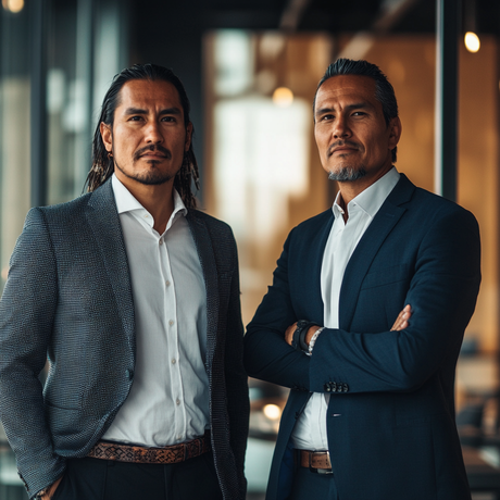 Two Indigenous men stand in a modern office environment, both dressed in dark, tailored suits with white dress shirts. One man has long hair and a patterned blazer with hands in his pockets, while the other has short hair with a neatly groomed beard and crossed arms. They appear confident and composed, with blurred glass walls in the background.