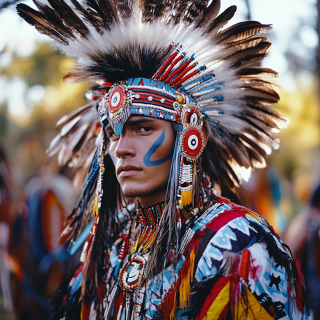 A man in traditional Indigenous regalia stands adorned in a vibrant feathered headdress with bold red, white, blue, and black beadwork. His face is marked with blue paint, and his clothing features intricate patterns and textures. The feathers fan outward dramatically, and the background softly blurs with warm light.
