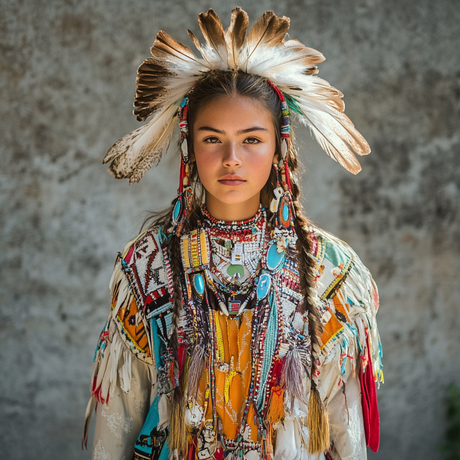 A young individual stands facing forward, wearing detailed traditional Indigenous regalia. The outfit features intricate beadwork, turquoise accents, and colorful embroidery. A circular feathered headdress with white and brown plumes crowns the head. The background is a neutral textured wall, drawing focus to the attire.