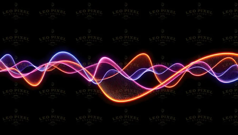 Digital image featuring smooth, flowing light waves in neon colors against a black background. The waves intertwine in shades of blue, pink, and orange, forming a dynamic pattern with fine lines adding texture. The glow of the colors creates a contrast with the dark background, enhancing the sense of depth and movement. The composition is balanced, with curves evenly distributed across the frame. Ai generated. Photography style.