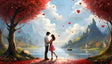 A couple stands intimately beneath a sprawling tree with vivid red foliage that frames the sky. Heart-shaped petals float gently around them, carried by a serene breeze. Beyond, crystal-clear waters reflect towering, sunlit mountains, while a lone boat drifts in the tranquil lake. Picturesque cottages nestle in the distance, creating a perfect blend of romance and natural beauty. Ai generated. Digital art style.