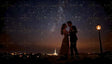 A beautifully romantic scene captures a couple dancing under a mesmerizing night sky full of twinkling stars. Silhouetted against the Milky Way, they hold each other tenderly, immersed in their private moment of connection. A glowing lamppost adds a soft touch of light, while a distant city skyline glimmers in the background, completing this enchanting photograph. Ai generated image.