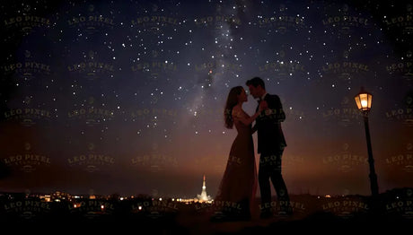 A beautifully romantic scene captures a couple dancing under a mesmerizing night sky full of twinkling stars. Silhouetted against the Milky Way, they hold each other tenderly, immersed in their private moment of connection. A glowing lamppost adds a soft touch of light, while a distant city skyline glimmers in the background, completing this enchanting photograph. Ai generated image.