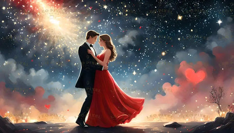 A stunning digital art style image depicts a couple locked in a romantic embrace beneath a dazzling cosmic sky. The man, in a sleek black suit, gazes lovingly into the eyes of his partner, a woman in a flowing crimson gown that flutters with the breeze. Stars cascade across the sky like shimmering diamonds, while soft clouds, glowing hearts, and radiant light paint a magical, dreamy backdrop. Ai generated image.