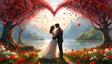 In a serene lakeside meadow, two lovers embrace beneath intertwining cherry trees forming a heart-shaped canopy of pink blossoms. The tranquil lake reflects distant sunlit mountains, while vibrant red and white flowers carpet the foreground. Heart-shaped petals drift gently in the warm breeze, creating an ethereal atmosphere of love and harmony in this enchanting setting. Ai generated. Digital art style.