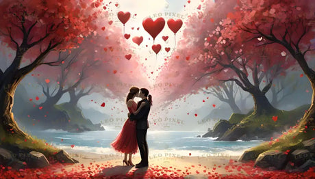 Amidst an enchanting seaside grove, a couple shares a tender embrace under vibrant cherry trees forming a natural arch. Heart-shaped balloons rise into a radiant sky as petals swirl gently around them. The serene ocean glistens softly in the distance, while lush greenery and scattered blossoms enhance the romantic ambiance of this captivating scene. Ai generated. Digital art style.