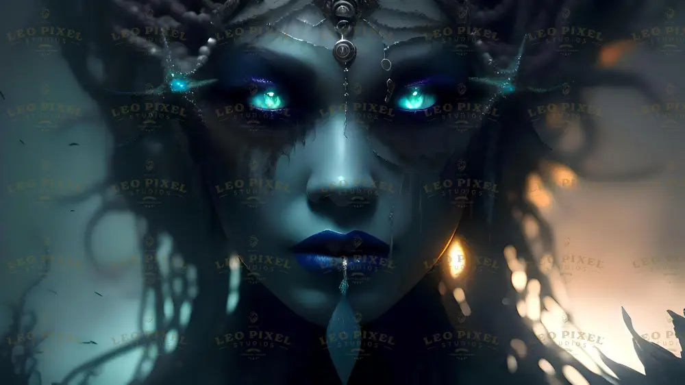 A close-up of a mysterious face with glowing aqua eyes and deep blue lips. Her forehead is adorned with intricate metallic details, and starfish-like elements radiate bioluminescence. Dark, flowing tendrils frame her face, blending into a blurred, glowing background of teal and golden light. The texture of her skin and the details of her adornments create a surreal, underwater effect. Ai generated. Cinematic style.