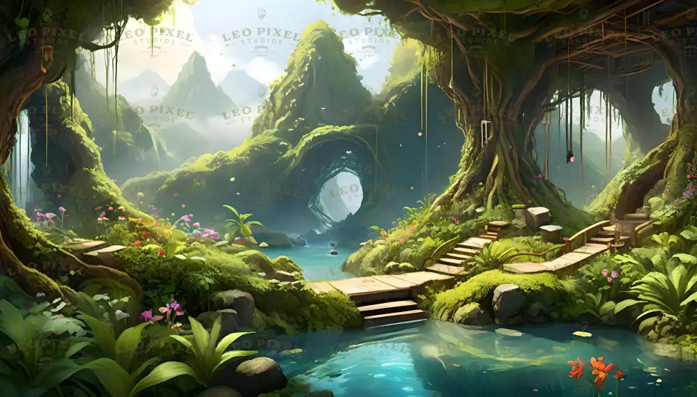 A vibrant greenhouse featuring cascading greenery and vivid flowers along a calm waterway. Arched roots frame a misty mountain view in the distance. Wooden pathways and steps wind around the foliage. The clear blue water reflects the lush vegetation, while sunlight filters through the canopy, highlighting the rich, natural beauty of the scene. Ai generated. Digital art style.