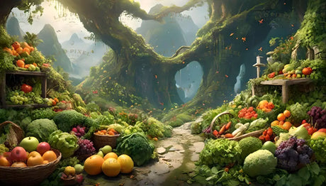 A vibrant garden overflowing with fresh fruits and vegetables, including apples, oranges, carrots, and broccoli, displayed in baskets and on shelves. Large, ancient trees with moss-covered trunks frame a stone path. Sunlight filters through the leaves, creating a serene setting. The background features rolling green hills and a heart-shaped opening in the trees, adding to the natural beauty. Ai generated. Digital art style.