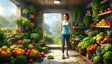 This image shows a room filled with vibrant fresh produce, including baskets of apples, tomatoes, peppers, lettuce, broccoli, and herbs. Greenery covers shelves and spills over baskets. A woman in athletic wear stands in the room, holding a basket. The doorway frames a picturesque valley with lush mountains, a winding river, and a bright sky in the background. Ai generated. Digital art style.