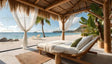 This photography-style image showcases a serene beachfront cabana with a wooden frame and thatched roof. Sheer white curtains sway gently, framing a clear view of a turquoise sea, soft sandy beach, and distant green hills. A cozy, modern sunbed with plush white and green pillows sits on a textured rug, surrounded by tropical plants and a palm tree. The bright sky and calm waters add tranquility. Ai generated image.