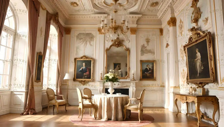 A refined Rococo-style interior featuring a luxurious dining room with gold accents, tall windows draped with soft pink curtains, and a central round table adorned with a floral centerpiece. Ornate frames hold classical portraits, and a gilded mirror enhances the elegance above a carved white fireplace. The room's detailed ceiling, delicate wall art, and warm natural light evoke opulent sophistication. Ai generated. Photography style.