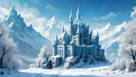 A breathtaking view of a towering castle nestled among snow-laden trees and surrounded by dramatic, jagged mountains blanketed in pristine white. The icy blue tones of the fortress harmonize with the serene, wintry landscape. Delicate trails in the snow lead to the grand structure, evoking a sense of wonder and timeless elegance. Ai generated image.