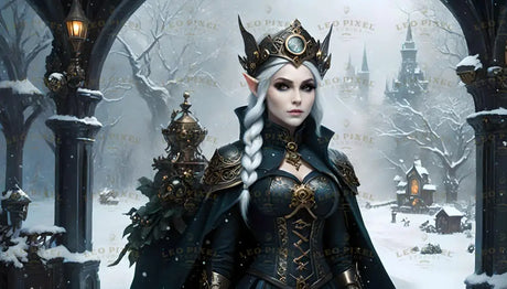 Amid a snow-draped gothic sanctuary, an elf queen stands in regal splendor, her braided silver hair crowned with an ornate, horned diadem. Her navy cloak and intricate armor, detailed with gold filigree, exude authority. Surrounded by frosted arches and distant spires, she embodies a commanding yet ethereal presence in a magical winter realm. Ai generated image.