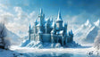 An enchanting frozen castle stands in pristine grandeur, its icy towers and arched windows glimmering under a clear blue sky. Nestled amidst snow-laden mountains and reflected in a glassy frozen lake, this architectural marvel exudes an ethereal charm. Flanking trees dusted with snow frame the scene, adding to its serene and timeless beauty. Ai generated image.