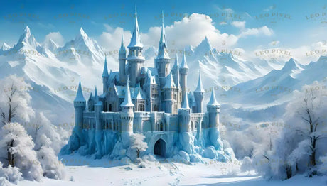 Set against a backdrop of towering snow-capped mountains, this grand ice castle rises with intricate spires and frosted battlements. Surrounded by a serene, snowy landscape, its reflective frozen moat and delicate icy details create a mesmerizing scene. The crystal-clear blue sky enhances the castle’s ethereal beauty, making it a striking focal point in the winter wonderland. Ai generated image.