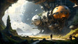 This digital art style image shows colossal spherical structures embedded into cliffs, covered with mechanical details and glowing orange windows. The spheres are suspended by complex machinery extending to the earth below. A misty beach lies in the foreground, surrounded by lush green terrain and jagged cliffs. Airships and floating debris fill the bright sky, with a distant massive planet looming above. Ai generated image.