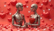 Two glossy metallic mannequins sit in an intimate pose against a radiant red backdrop filled with floating hearts and scattered petals. Their hands are gently clasped, while one holds a textured red heart symbolizing love. The smooth metallic surfaces reflect the light, creating a striking contrast with the soft, romantic elements around them. Ai generated. Photography style.