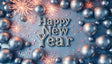 A chic and modern New Year design featuring silver metallic balloons arranged around a dazzling "Happy New Year" text in reflective silver lettering. The sparkling blue backdrop is enhanced by vibrant pink fireworks and shimmering confetti, creating a glamorous and celebratory ambiance perfect for welcoming the year with style and elegance. Ai generated image. Photography style.