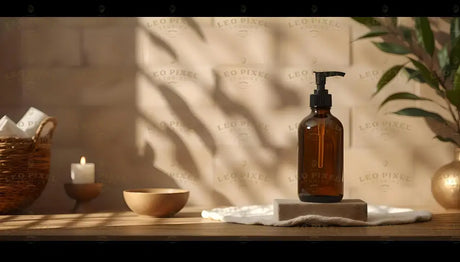 An amber glass pump bottle sits atop a beige stone block on a folded white cloth, centered on a wooden table. To the left, a woven basket holds neatly folded white towels, and a small lit candle stands in a wooden holder. To the right, blurred greenery adds softness. Subtle shadows from leaves play on a neutral-toned wall, creating a calming, warm ambiance. Ai generated. Digital art style.