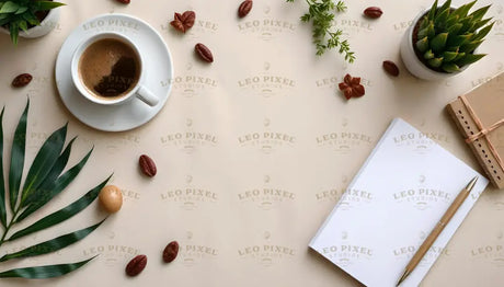 A flat lay composition on a beige background features a white coffee cup with dark coffee on a matching saucer. A blank notepad and a gold pen are placed nearby, along with a small potted succulent. A stack of spiral notebooks tied with a thin cord rests at the corner. Green leaves and brown decorative elements are scattered throughout, creating a balanced, earthy aesthetic with warm tones. Ai generated. Photography style.