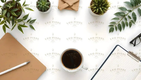 A top-down view of a workspace features a white background with a cup of black coffee at the center. Surrounding it are potted green plants, a tan folder with a white pen, and a lined clipboard with a clip. A pair of black-framed glasses rests on the side, along with folded napkins. Green leaves and soft shadows add a natural feel to the clean and balanced composition. Ai generated. Photography style.