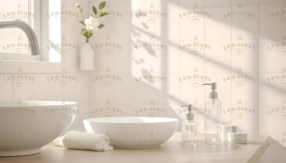 A sleek bathroom counter with a modern design features two white ceramic basins, a rolled white towel, and clear glass soap dispensers. Soft sunlight streams through a nearby window, casting gentle shadows on the tiled wall. A single white flower in a simple vase adds a natural touch, complementing the clean, bright, and minimalist aesthetic of the space. Ai generated. Photography style.