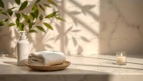 A white soap dispenser and a neatly folded towel rest on a round wooden plate atop a smooth surface. Soft light streams through, casting leaf-shaped shadows from a green plant in the background. A small lit candle in a glass holder adds a warm, peaceful touch. The overall setting is clean and serene, with a natural and soothing ambiance. Ai generated. Photography style.