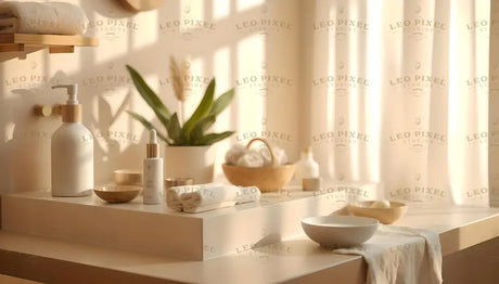 The image shows a clean, softly lit bathroom counter adorned with a white soap dispenser, a dropper bottle, and wooden bowls. Rolled white towels sit neatly beside a ceramic bowl. A basket holding white linens is placed in the background, next to a potted plant. Natural light filters through sheer curtains, creating soft shadows on the beige walls, enhancing the serene atmosphere. Ai generated. Photography style.