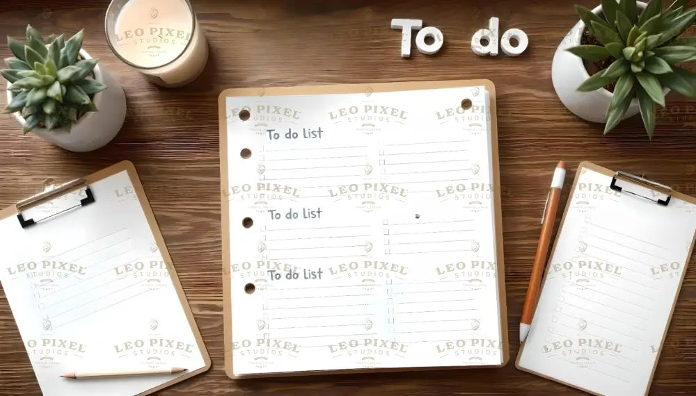 A wooden desk holds multiple to-do list sheets clipped to brown clipboards. A large binder paper with "To do list" headers is centered. Two potted succulents add greenery. A candle in a glass jar sits nearby. A wooden pencil with a white eraser rests beside one clipboard. The words "To do" in white letters are arranged at the top. Soft lighting enhances the warm tones, creating a clean and organized workspace. Ai generated. Photography style.