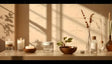 A clean tabletop features lit candles in glass and ceramic holders, a transparent jar with a white lid, and a brown bowl holding green leaves. Glass vases with dried stems and grasses add height and texture. A small white stone rests on the table. The beige wall background, adorned with soft shadows from nearby foliage, enhances the calm and natural vibe of the arrangement. Ai generated. Photography style.