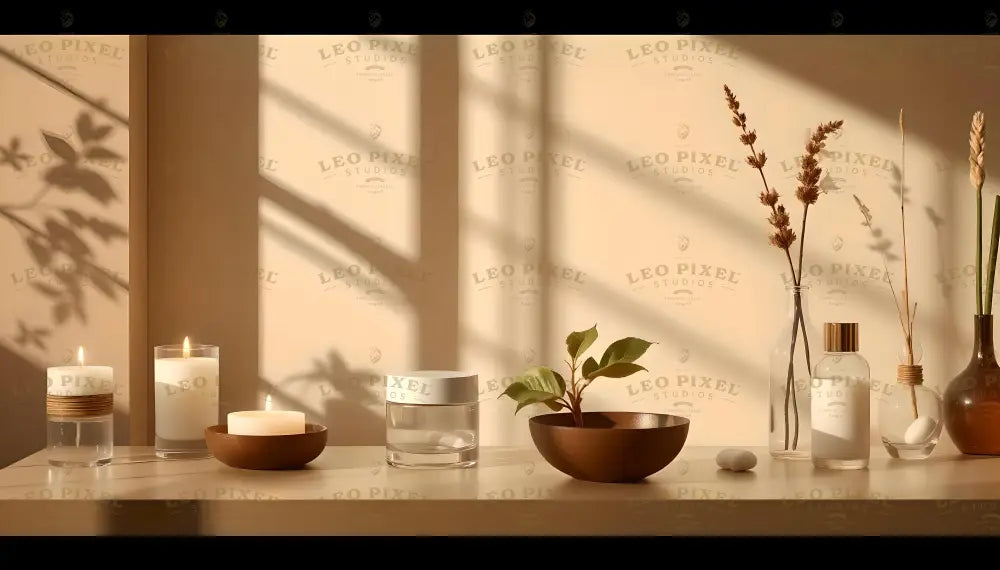 A clean tabletop features lit candles in glass and ceramic holders, a transparent jar with a white lid, and a brown bowl holding green leaves. Glass vases with dried stems and grasses add height and texture. A small white stone rests on the table. The beige wall background, adorned with soft shadows from nearby foliage, enhances the calm and natural vibe of the arrangement. Ai generated. Photography style.