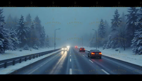 A tranquil highway cuts through a frosty forest cloaked in dense fog. Snow-laden trees line both sides, creating a serene, wintry backdrop. Cars glide along the wet, reflective road, their headlights piercing the mist. The muted tones of the scene evoke a sense of calm yet purposeful travel on a chilly winter day. Ai generated image.