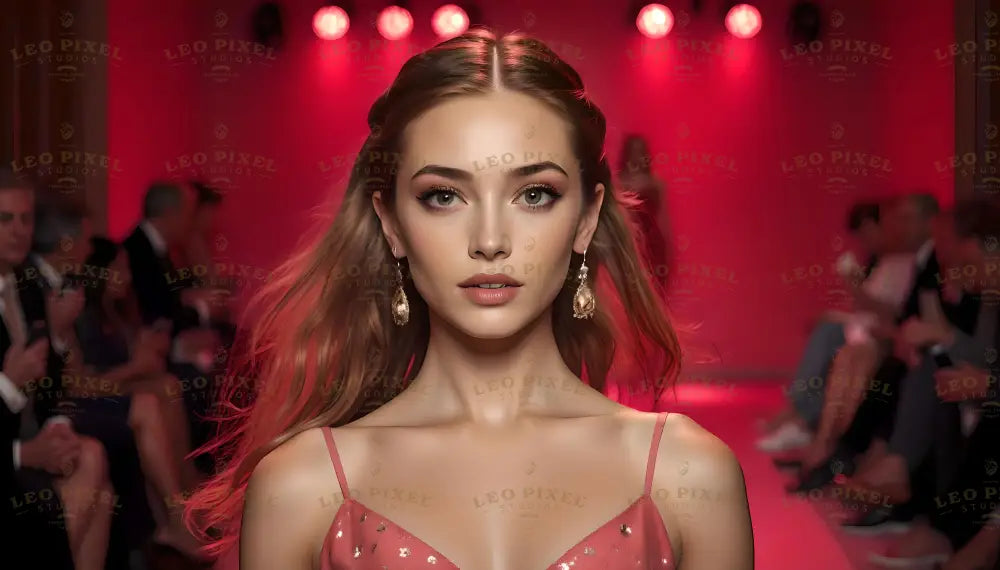 A striking blonde woman with flowing hair gazes confidently ahead on a vibrant red-lit runway. She wears a delicate pink gown adorned with subtle shimmer and elegant drop earrings. The blurred audience seated on either side adds depth, as warm red lighting from above highlights her poised expression and radiant complexion. Ai generated. Photography style.