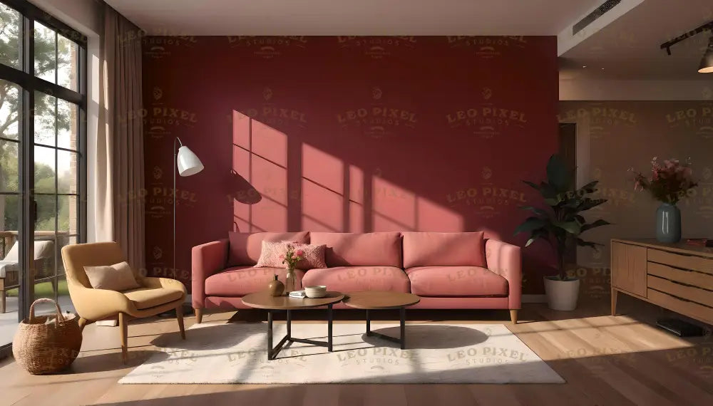 This living room features a minimalist design with a deep red accent wall and sunlight streaming through large windows. A pink sofa with matching cushions sits alongside a mustard-yellow armchair. A pair of round wooden coffee tables rests on a cream rug. A woven basket, potted plants, and a wooden console table with a vase of flowers complete the cozy, contemporary aesthetic. Ai generated. Photography style.