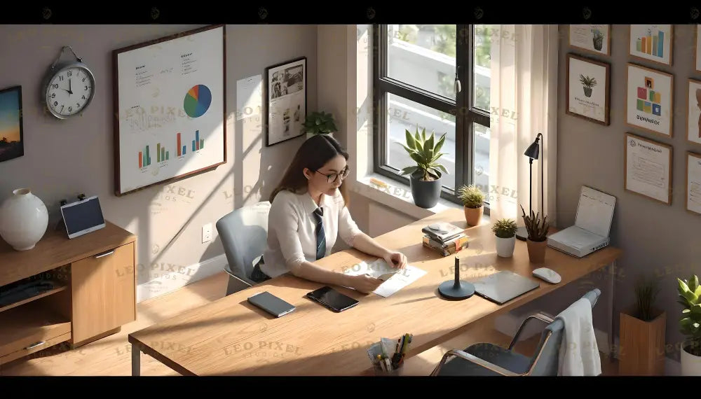 This isometric office scene features a bright, organized workspace with a professional seated at a wooden desk. Charts, graphs, and plants adorn the walls and desk, complementing natural light streaming through large windows. A laptop, tablet, and documents suggest productivity and focus in a serene, minimalist environment that blends functionality with a touch of greenery for inspiration. Ai generated image.