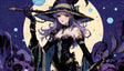 A detailed illustration of a sorceress in a dark purple outfit stands against a glowing full moon. She wears a wide-brimmed, ribboned hat and holds an ornate staff. Her flowing lavender hair contrasts with the deep night sky dotted with blue orbs. Golden accents embellish her attire and accessories. Rock formations frame the foreground, adding depth to the mystical scene. Ai generated. Anime style.