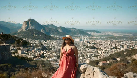 A woman in a flowing red dress and sun hat stands on a rocky ledge overlooking a vast cityscape spread across a valley. Behind her, a rugged mountain range rises under a clear blue sky, with a prominent rocky peak catching the eye. The sunlight casts a warm glow, highlighting her features and the surrounding greenery blending into the urban landscape below. Ai generated. Photography style.