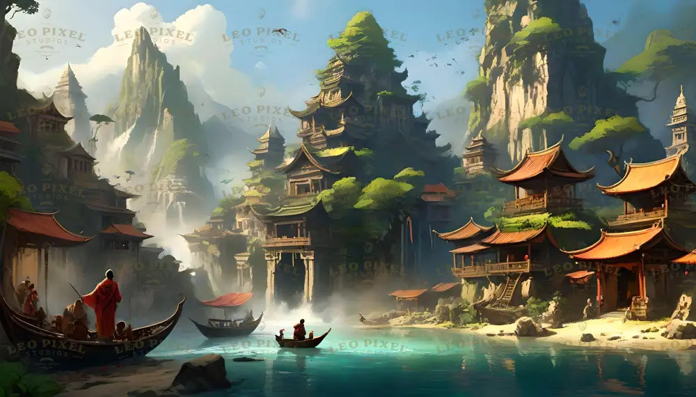 A serene village of ornate temples with layered roofs and intricate architecture sits along a turquoise riverbank. Towering cliffs rise in the background, covered with greenery and shrouded in mist. Small boats float on the water, and monks in red robes move along the shore. Birds circle above, adding life to the peaceful setting bathed in soft light. Ai generated. Digital art style.